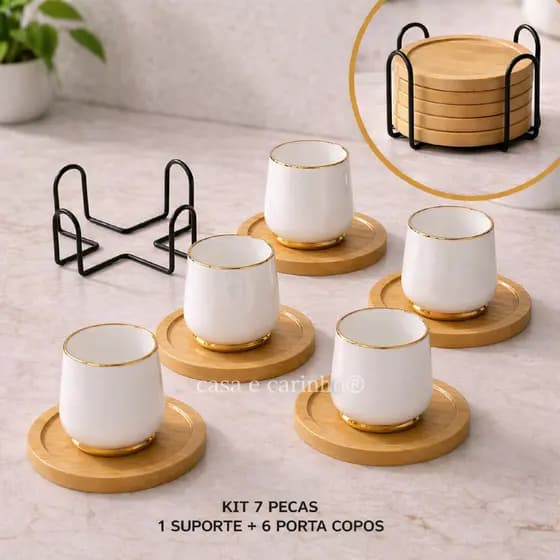 Porta Copos de Bambu Redondo com Suporte de Ferro Porta Xicaras Mesa Cozinha Sala