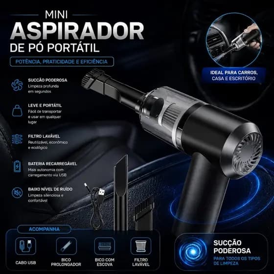 Mini Aspirador de Pó Sem Fio Recarregável USB 3 em 1 Alta Sucção Carro Casa Teclado