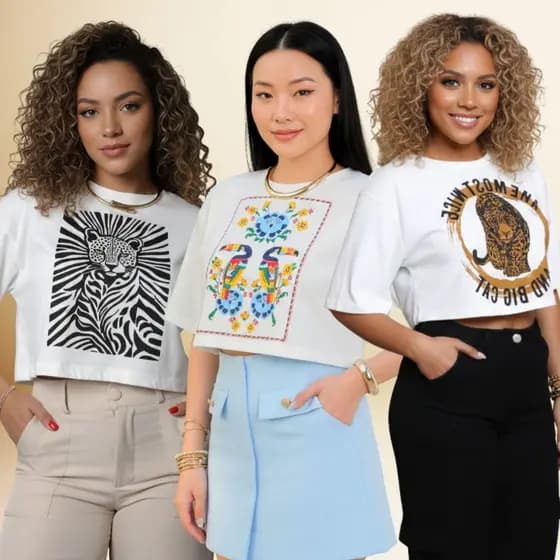 Cropped Oversized Feminino Estampas Diversas 100% Algodão