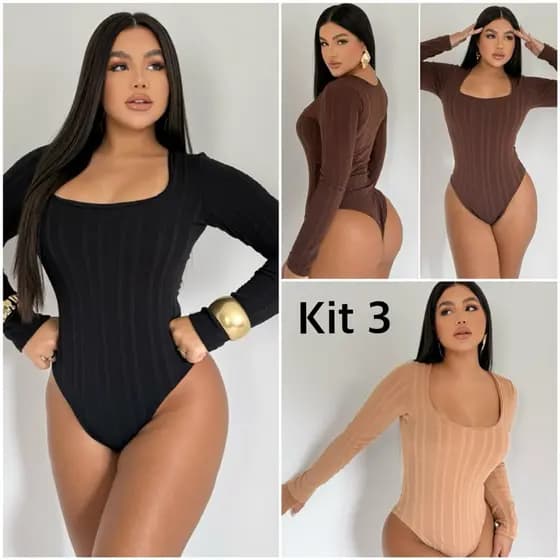 Kit 3 Body Casual Femenino Decote quadrado Manga Longa para Mulheres - Premium25_Outono/Inverno