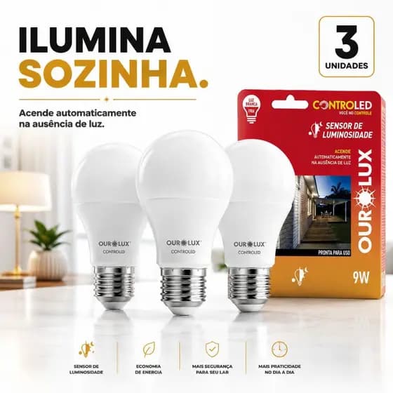 Kit 3 Lâmpadas Sensor de Luminosidade 9w Controled Branca Fria / Branca Morna
