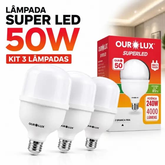 KIT 3 Lâmpadas 50W Super Led Econômica Branco Frio Bulbo 110/220v 6500K 1 Ano de Garantia