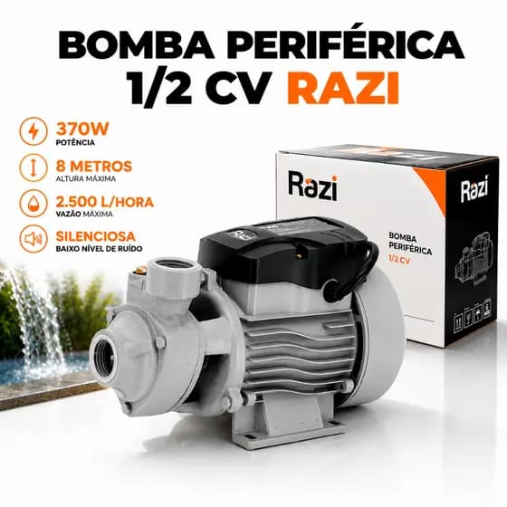 Bomba D'água Periférica 1/2 Razi 127v e 220v Alta Pressão 370w 8 Metros Silenciosa 2.500L/Hora