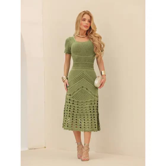 Vestido Midi Feminino Tricô Texturizado Verde Elegante Moda Evangélica Festa Casual