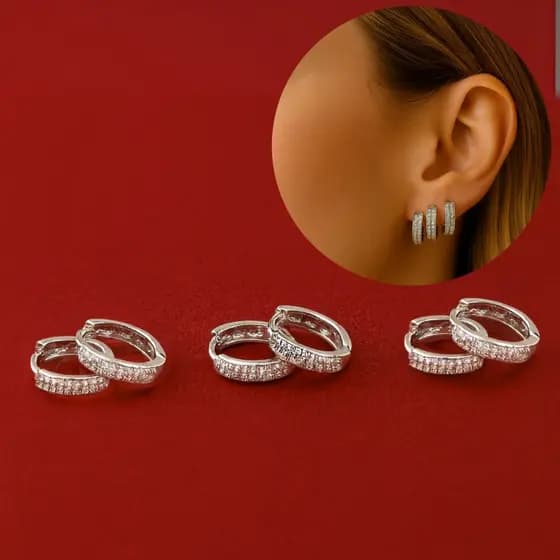 Kit 3pares Trio Brincos de Argola Cravejados Feminino Fileiras Zircônia Banhado Ouro 18k Anti Alérgico