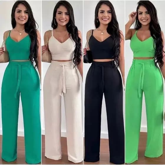 Conjunto calça pantalona e croppet areia | duna luxo verao | alfaiataria | Alça Regulagem bojo 2025