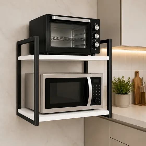 Suporte para Micro-ondas Forno Elétrico Air Fryer Prateleira Aço e Mdf Multiuso Nicho Organizador