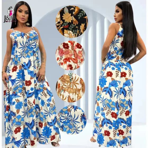 Vestido Mídi Feminino Longo Verão Estampado Decote V com Caimento Perfeito