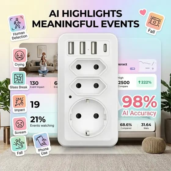 Câmera Power Strip AI Com Detecção De Movimento , Visão Remota WiFi 6 , 4K H . 265 , Armazenamento De Cartão SD , Reconh
