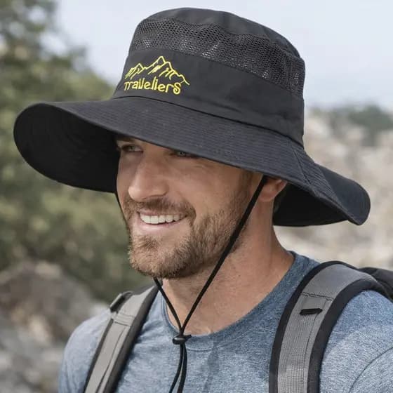 Chapéu Masculino Outdoor Aba Larga Respirável com Proteção UV Ideal para Trilha Pesca e Camping