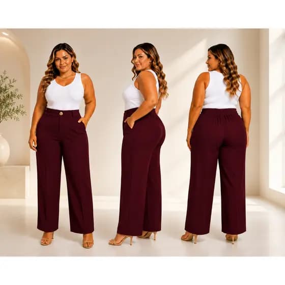 Calça Pantalona Plus Size Reta Com Elástico E Bolso Lateral