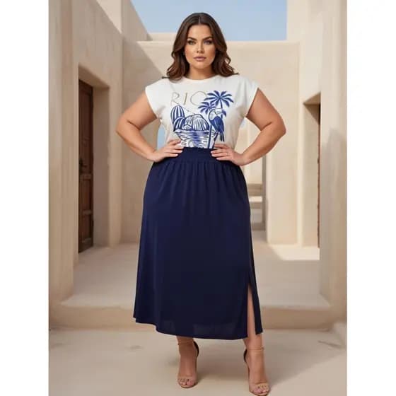 Conjunto Plus Size Verão Copacabana Saia Midi com Fenda + Blusa Estampada Tropical