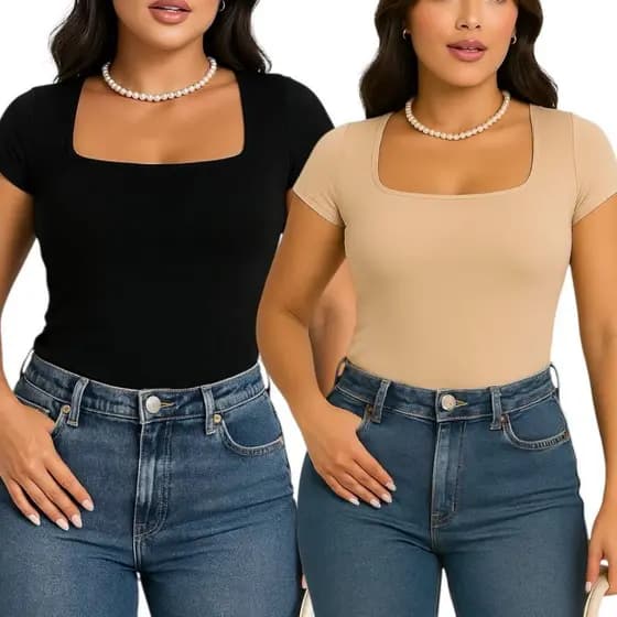 Blusa Feminina Gola Quadrada Manga Curta Justa Básica