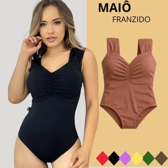 Maiô Body Feminino Moda Praia Bojo Franzido Alça Larga Forrado De Banho