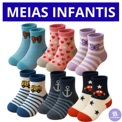 Kit Até 12 Pares De Meias Infantil Criança Menino Menina Cano Alto Sortida Antiderrapante