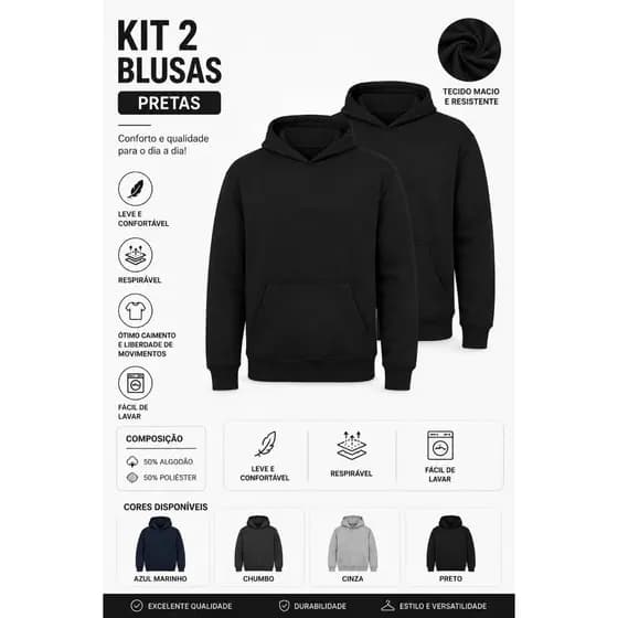 Kit 2 Blusa de Moletom Moletinho Canguru Com Capuz Bolso Outono Inverno Unissex