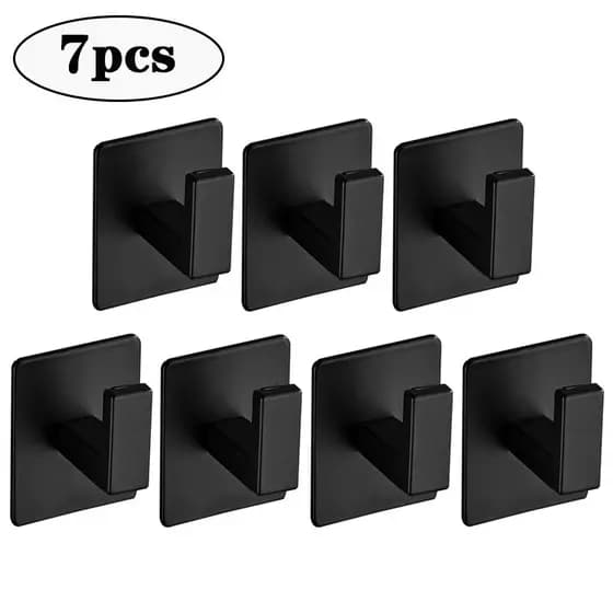 Kit 7 Ganchos Cabide Suporte Plastico Roupas Camisas Toalha de Rosto de Parede Banheiro Sem Furo Preto