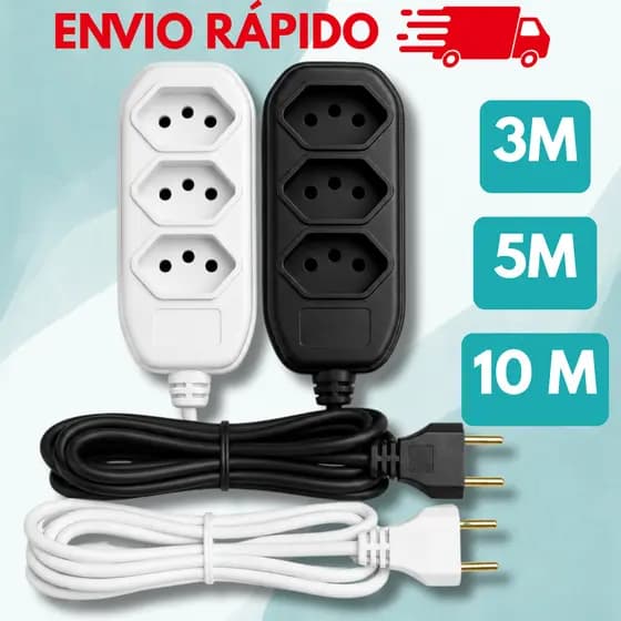 Extensão elétrica de 2, 3, 5 e 10 metros bivolt 110v/220v preta 3 pinos 10A padrão nacional brasileiro