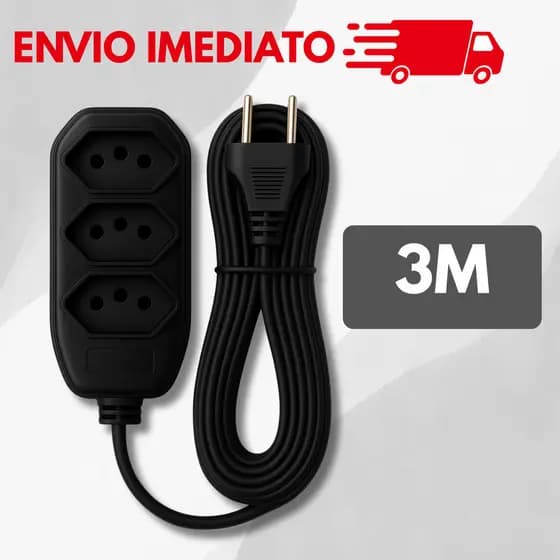 Extensão elétrica de 3 metros bivolt 110v/220v preta 3 pinos 10A padrão brasileiro NBR 14136