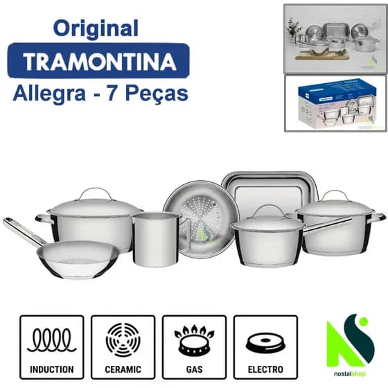 Jogo de Panelas Tramontina Inox Allegra 7 Peças Fundo Triplo Indução Frigideira Tramontina Caçarola
