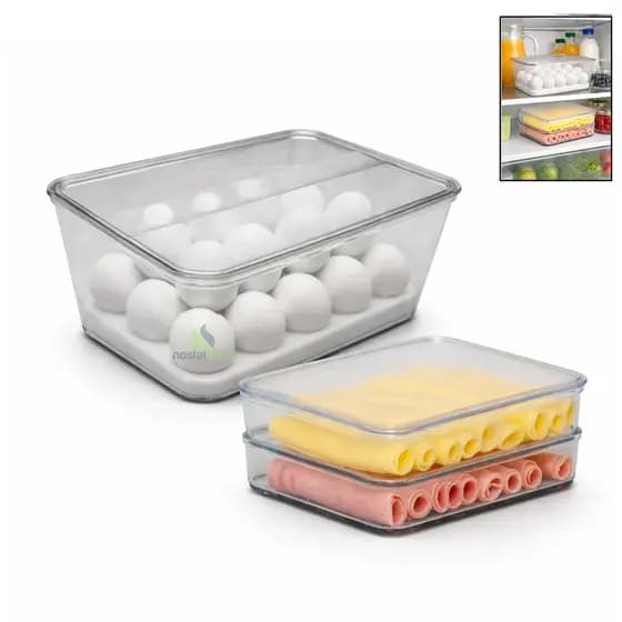 Kit Porta Frios Duplo Porta Ovos com tampa Organizador de Geladeira Utensílios de cozinha Pote