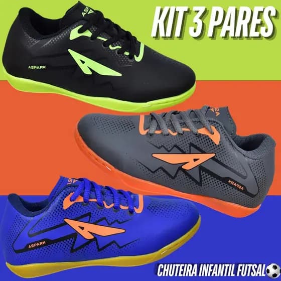 Kit 3 Pares Chuteira Tênis Futsal Infantil Masculino Quadra Salão Costurada Criança Juvenil 26 Ao 33