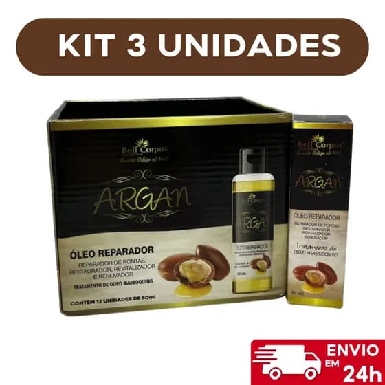 Kit com 3 Óleo De Argan Reparador de Fios - Bell Corpus - 60ml