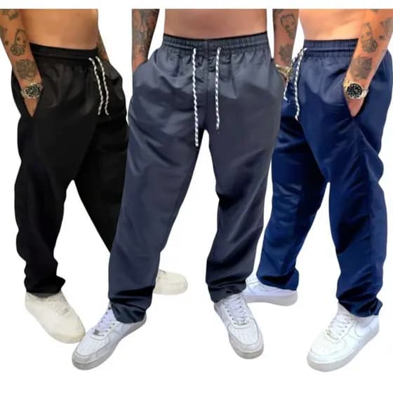 Kit 3 Calças Tactel Grosso Masculina C Elástico Cordão P Amarrar Lisa Costura Reforçada Com 3 Bolsos