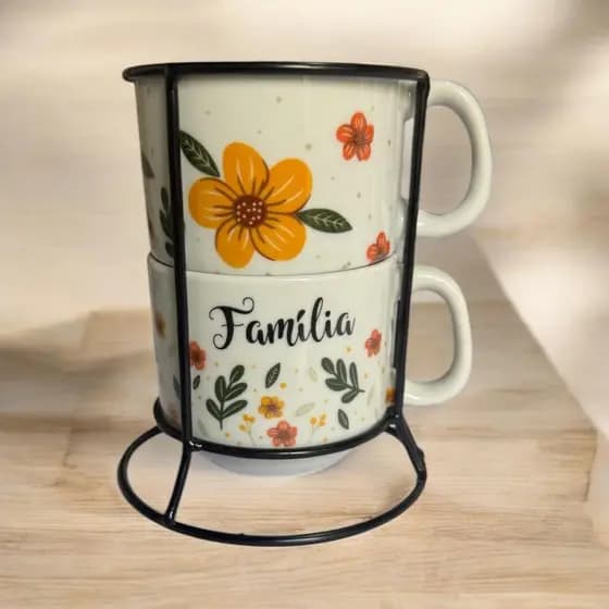 Jogo De Xícaras Floral Empilhavel Café Chá Porcelana Com Suporte Ferro Aço Preto Kit 2 Decoração