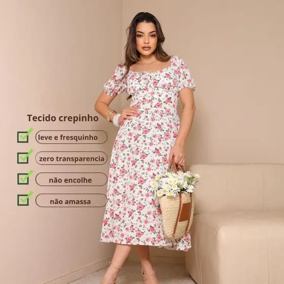 vestido feminino midi floral manga curta estilo camponesa romantico casual princesa elegante moda