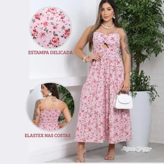 vestido feminino midi estampado floral alças finas reguláveis romântico luxo casual Floral com Bojo