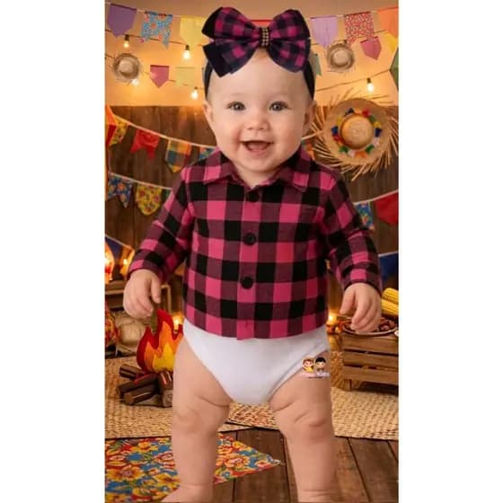 Body bebê xadrez manga longa menina festa junina são joão