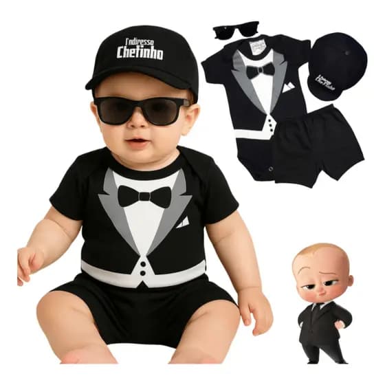 Body poderoso chefinho + boina + oculos + shorte mesversaio tematico kit conpleto
