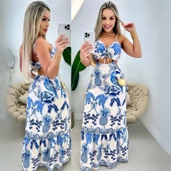 Vestido Longo Feminino Floral Abacaxi Decote com Amarração Estilo Praia Chic Verão