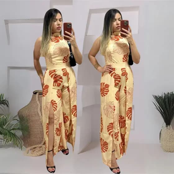 Macacão longo feminina estampado costa lastex O macacão é feito de lastex, social
