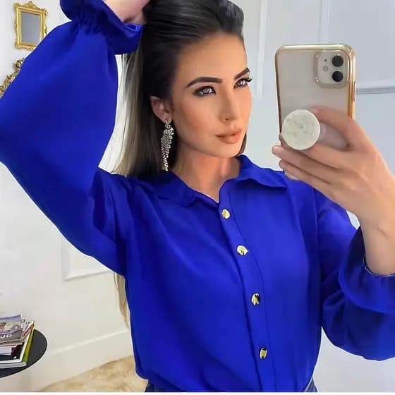 Camisa Social Feminina Duna azul Manga Princesa Tendencia