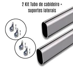 2 Kits Tubo Cabideiro Oval Arara p Guarda-Roupas + Suportes Laterais e Parafusos - Tamanhos variados