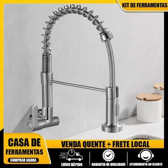 Torneira cozinha de aço inoxidável 304 montada na parede, com giro de 360°