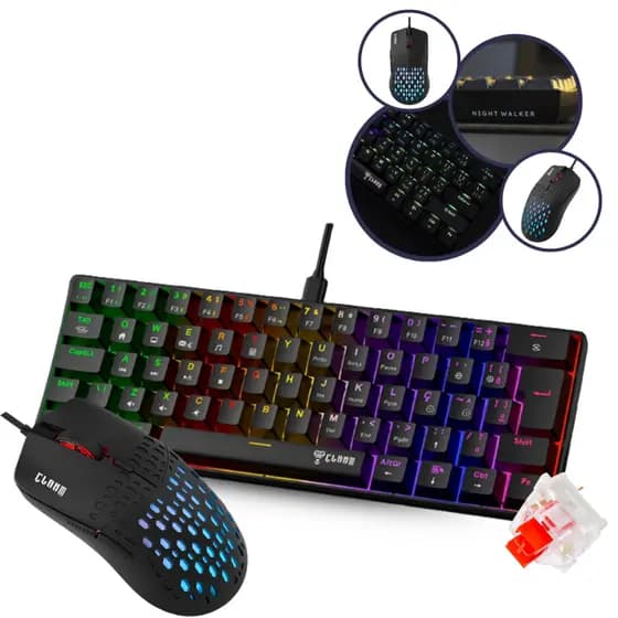 Kit Gamer Teclado Gamer Night 60% V2 Switch Red Mecânico + Mouse Gamer Slits V2 Preto