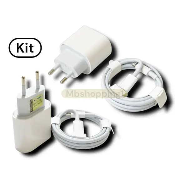 Kit 2/1 Carregadores Turbo Com Fonte e Cabo 1 Metro Carregamento Rápido 20W