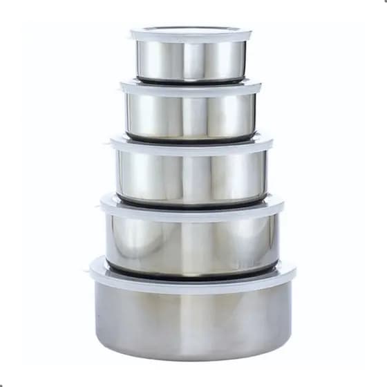 Jogo 5 Potes Tigelas de Inox Alumínio Redondo Com Tampa