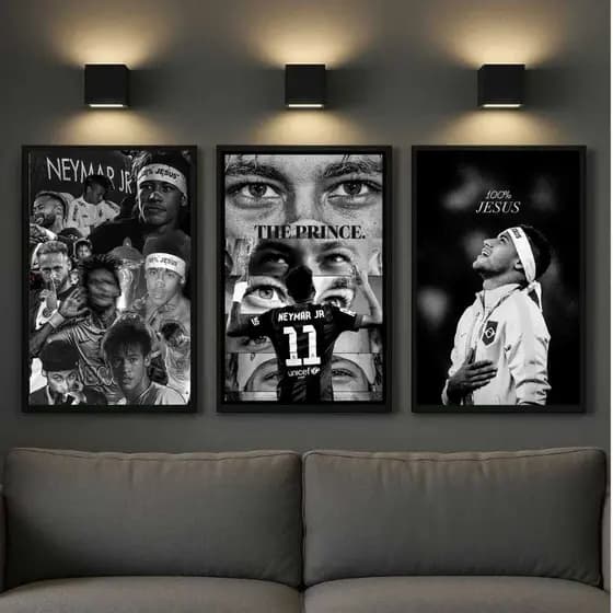 Kit 3 quadros Neymar jogador brasileiro camisa 10 the prince decoração futebol parede quarto, quadro decorativo sala