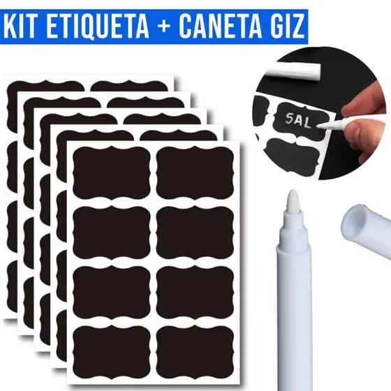 KIT 24-72 Etiquetas Adesivas Lousa Preta+Caneta Giz Liquido Branca Tempero Potes Organizador Limpeza