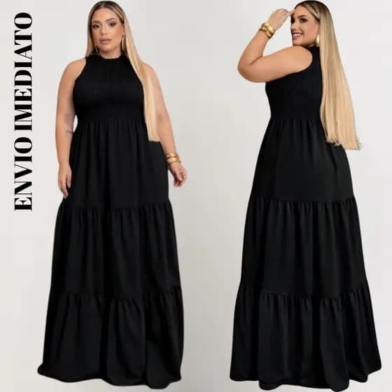 vestido cavado longo Plus Size Moda Maior Evangélico 3 Maria Crepe Duna confortavel tendência mulher gola alta s/ manga