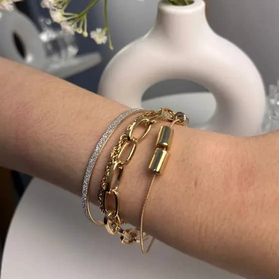 Conjunto de pulseiras+bracelete ajustável brilho tendencia