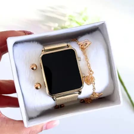 KIT Relógio Feminino Digital Led Dourado Rose Prata Preto LUXO COM CAIXA