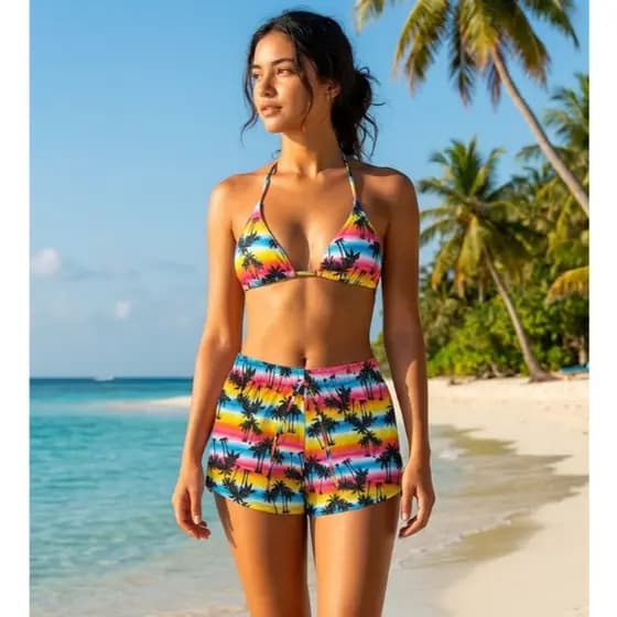 Biquíni Feminino 3 Peças com Short Estampa Tropical