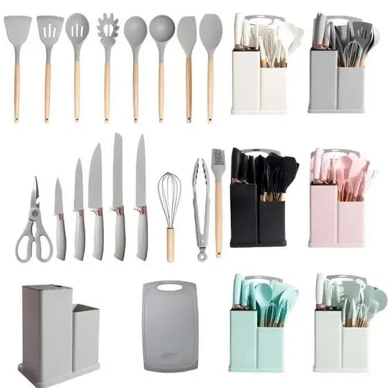 Kit Conjunto De Utensílios Facas Silicone e Plástico Cozinha Jogo Completo Batedeira Pegador
