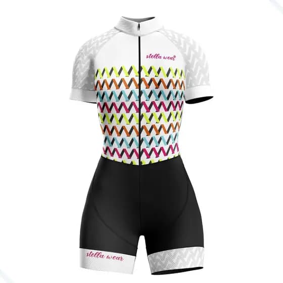 Macaquinho Ciclismo Feminino Profissional Gel Acolchoado UV Proteção MTB Speed Zig Zag Branco