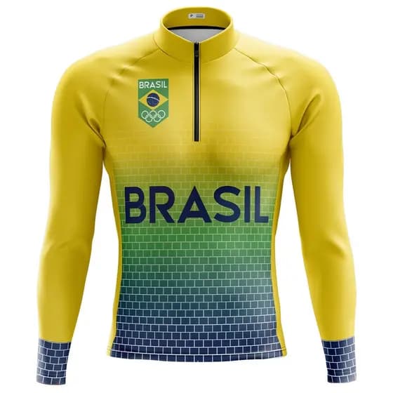 Camisa Ciclismo Mountain Bike Masculina Selecao Brasil Manga Longa Com Bolsos